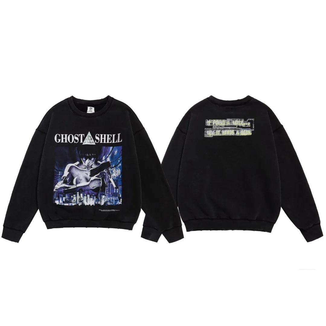 SAINT MICHAEL retro washed, distressed, heavyweight round neck plus velvet loose pullover sweatshirt long-sleeved shirt Fabric: 420g Style number: SM605 Size: S-M-L-XL Color: Black Price: P198